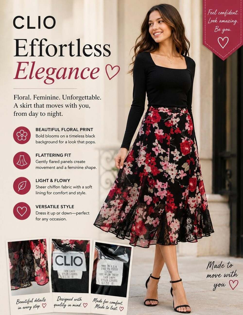 Clio Floral Chiffon Midi Skirt with Lace Inset Panels
